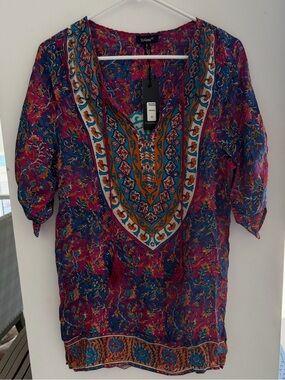 Tolani Purple Multi-Print V-Neck Tunic with Blue and Orange Accents
